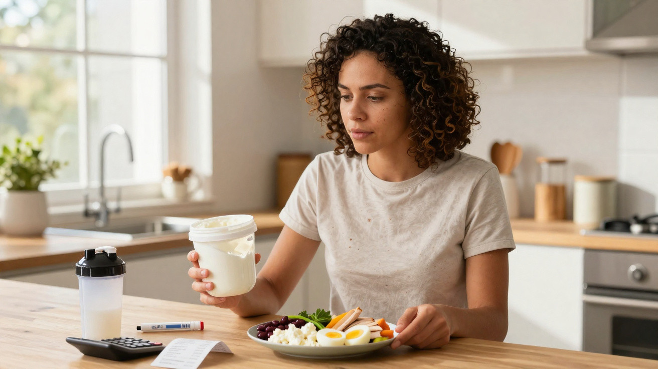 Frau sitzt in moderner Küche, hält Proteinpulver und schaut auf Teller mit gesundem Essen, Taschenrechner und Shaker.