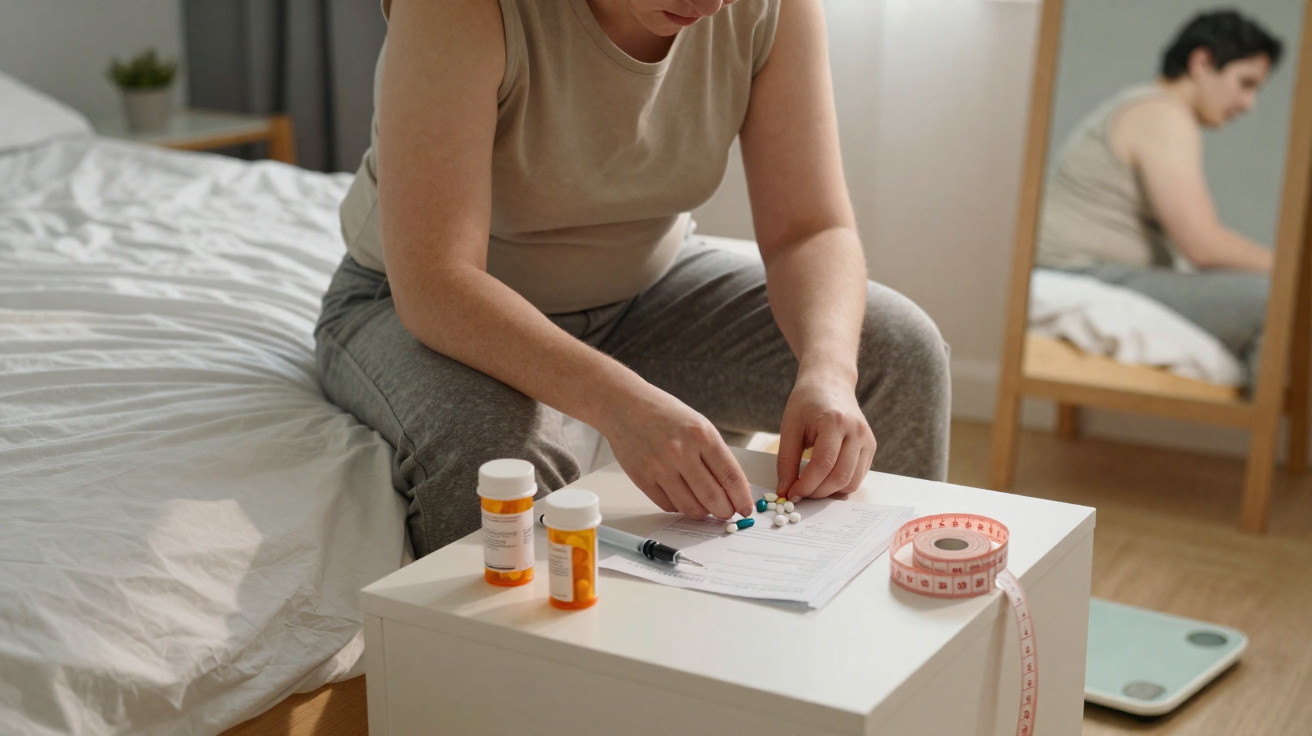 Frau sitzt auf Bett, sortiert Tabletten auf Nachttisch mit Messband, Waage und Medikamentenflaschen.