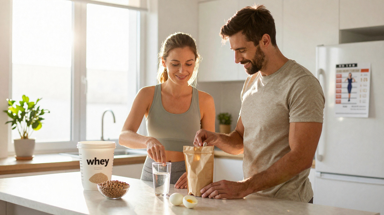 Ein Paar bereitet in der Küche gemeinsam einen Proteinshake mit Whey-Pulver zu.