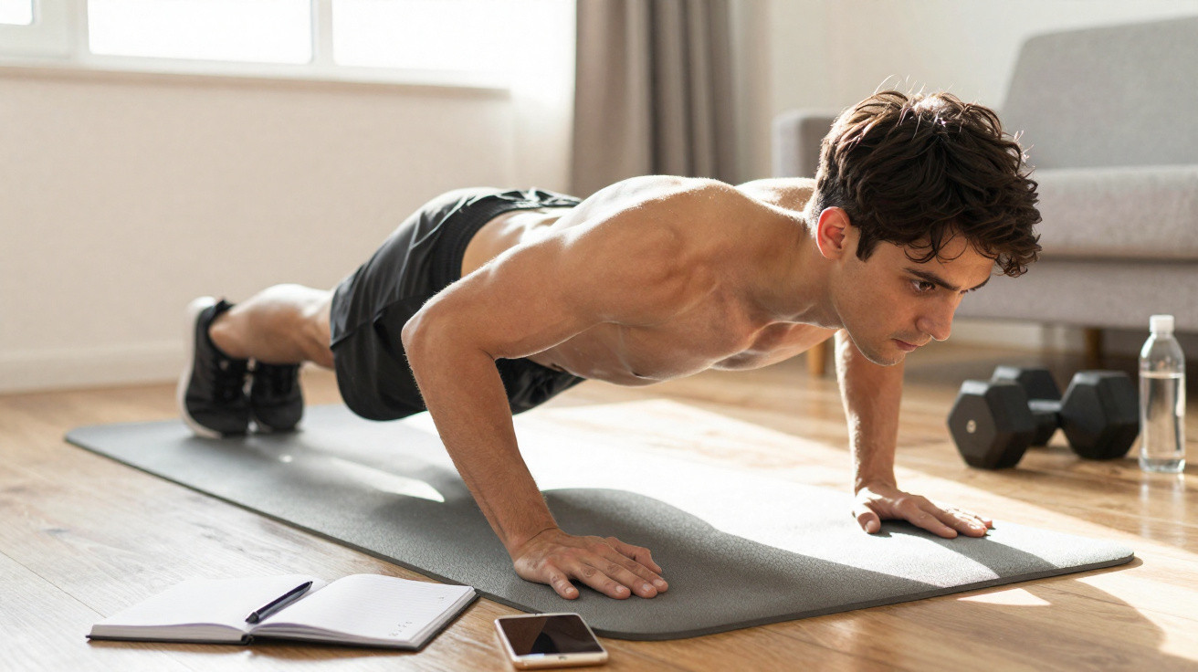 Junger Mann macht Liegestütze auf Yogamatte im Wohnzimmer, neben ihm liegen Handy, Notizbuch und Hanteln.