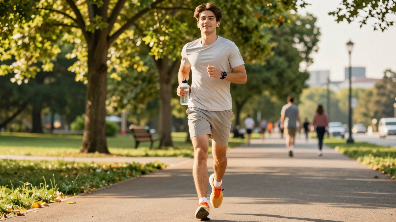 Junger Mann joggt im Park auf einem sonnigen Weg, trägt Sportkleidung und hält eine Wasserflasche.