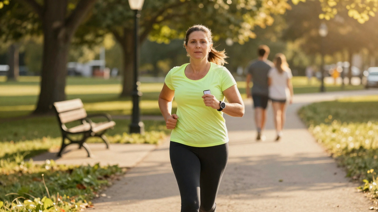 Frau joggt im Park auf einem Weg, trägt sportliche Kleidung und hält einen Fitness-Tracker in der Hand.