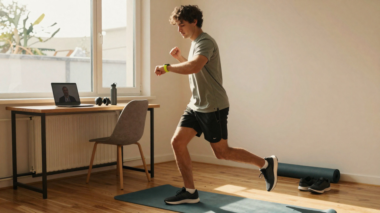 Junger Mann macht Workout auf Fitnessmatte zu Hause, vor Laptop und mit Smartwatch.