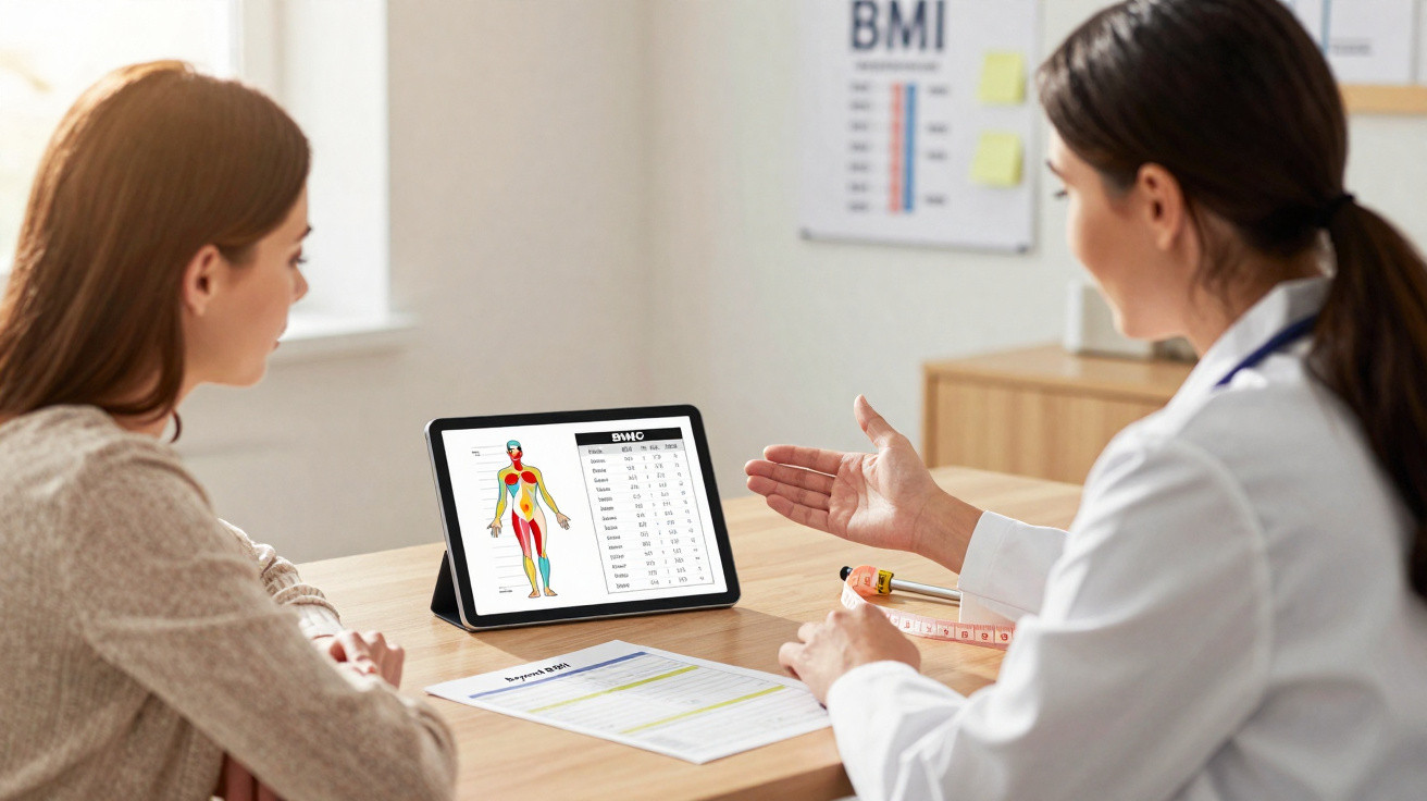 Arzt erklärt Patientin auf Tablet eine Grafik zum BMI und Körperfettanteil während Beratungsgesprächs.