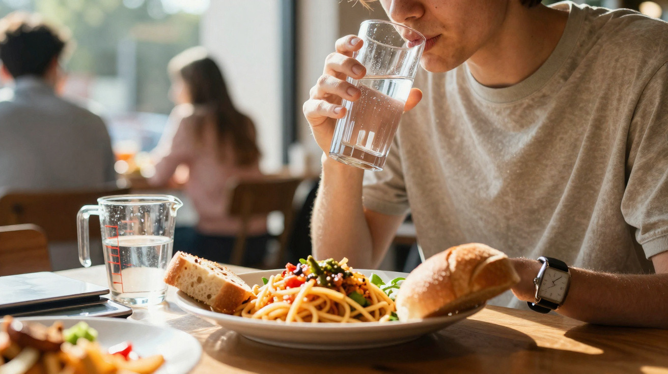 Person trinkt Wasser und isst Spaghetti mit Brot in einem hellen Restaurant.