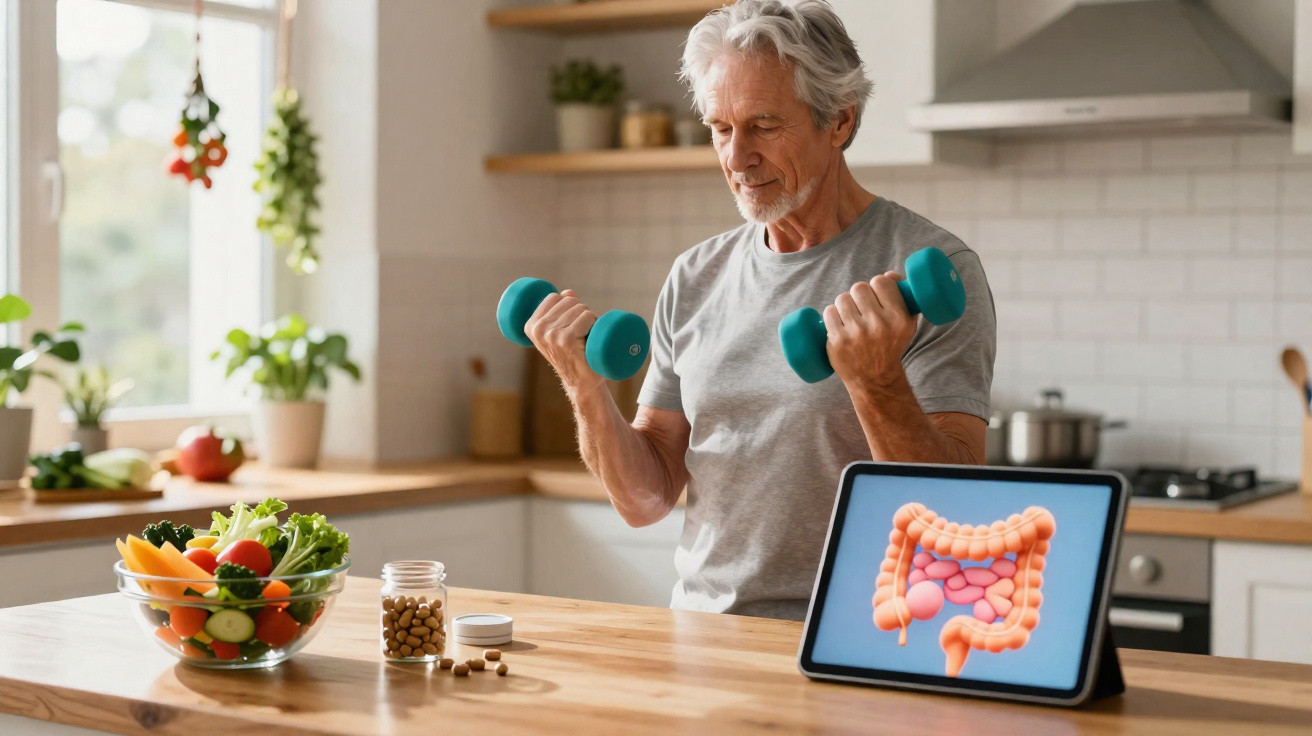 Älterer Mann trainiert mit Hanteln in der Küche, neben frischem Gemüse und einem Tablet mit Darmgrafik.