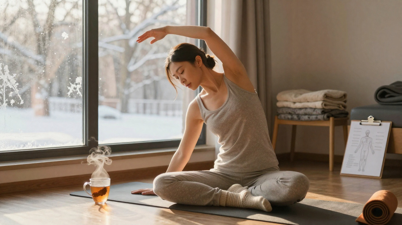 Frau macht Dehnübungen auf Yogamatte vor Fenster mit verschneiter Landschaft, dampfender Tee neben ihr.