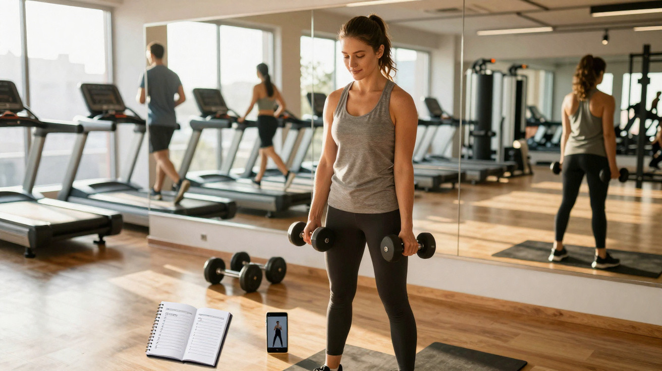 Frau macht mit Hanteln Fitnessübungen vor Spiegel in einem hellen Fitnessstudio mit Laufbändern.