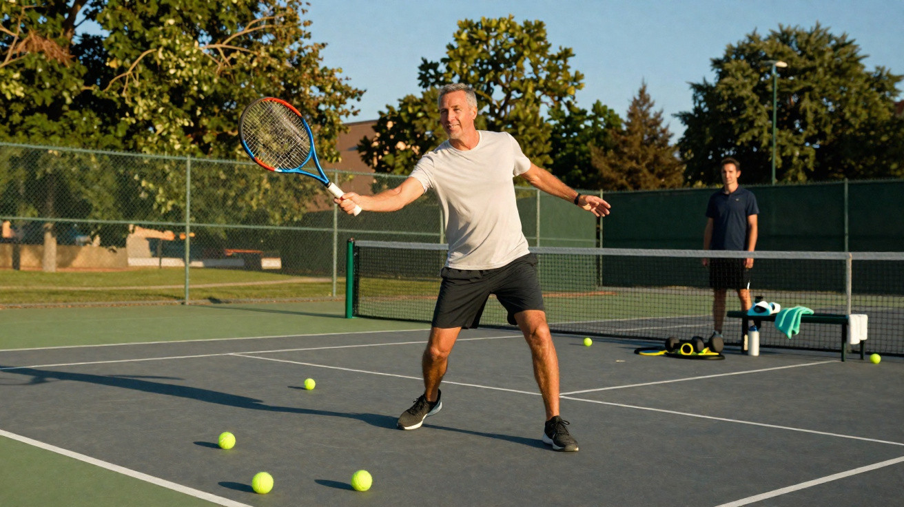 Mann spielt Tennis auf einem Außenplatz, weitere Person beobachtet, mehrere Tennisbälle liegen auf dem Boden.