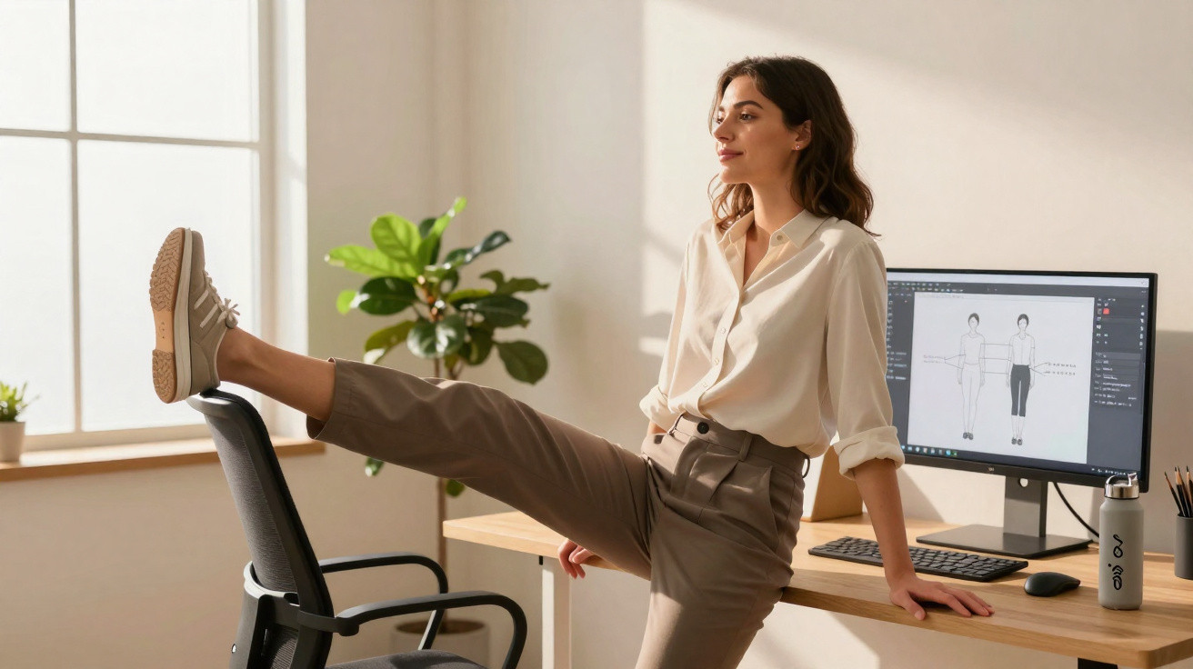 Frau im Büro streckt entspannt ein Bein auf Bürostuhl, neben Schreibtisch mit Computer und Pflanze.