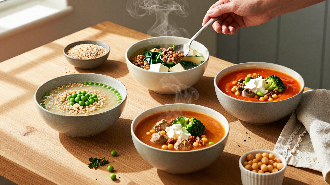 Vier verschiedene Suppen in grauen Schalen auf einem Holztablett, eine Hand schöpft mit Löffel Suppe.