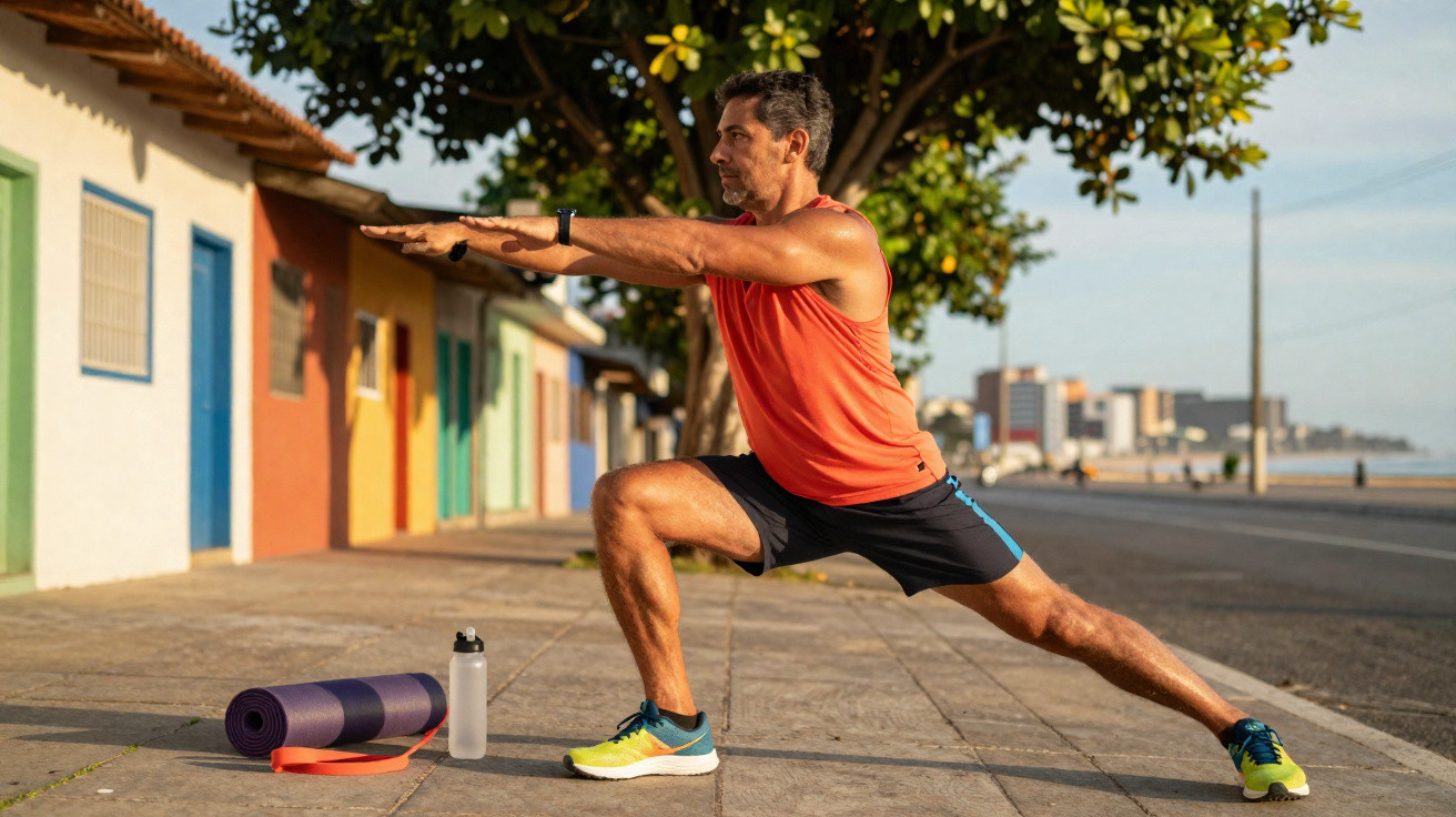 Mann in Sportkleidung macht Dehnübung im Ausfallschritt auf Bürgersteig mit Yogamatte und Wasserflasche.