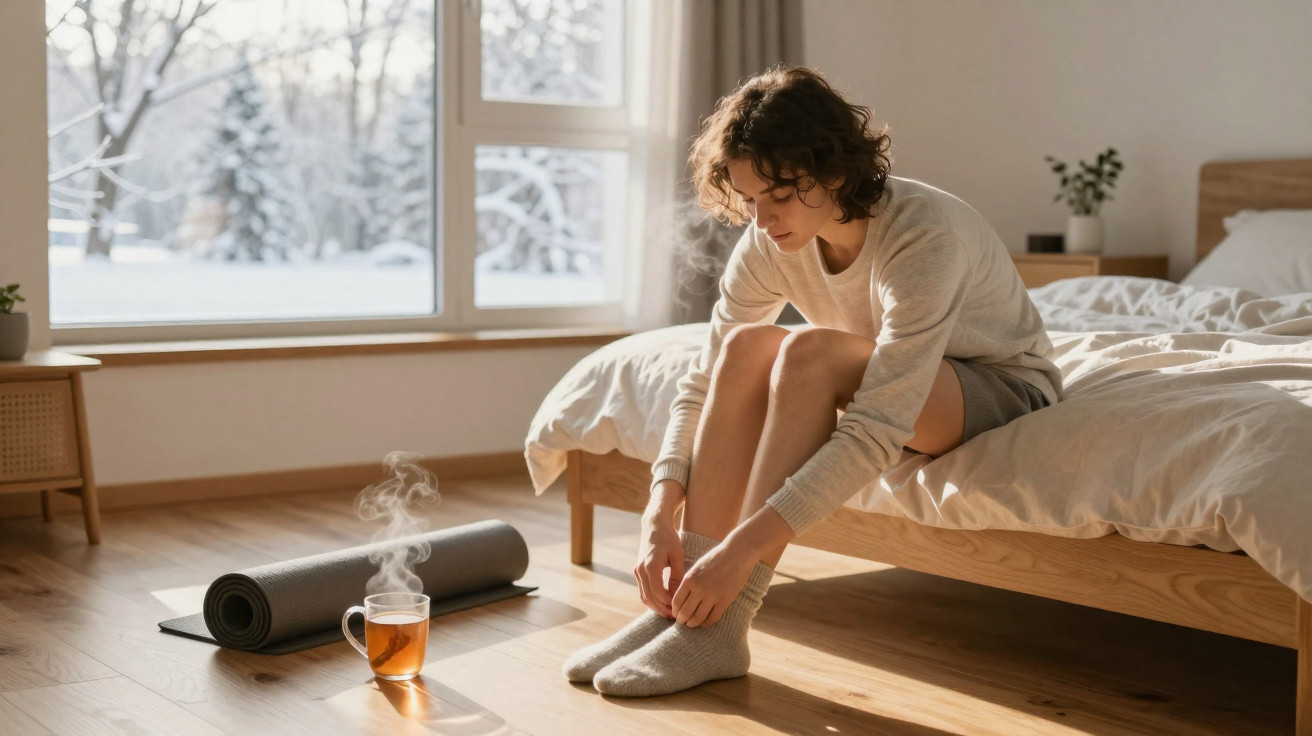 Frau sitzt auf Bett, zieht warme Socken an, Thermoskanne mit dampfendem Tee und Yogamatte auf Holzfußboden.