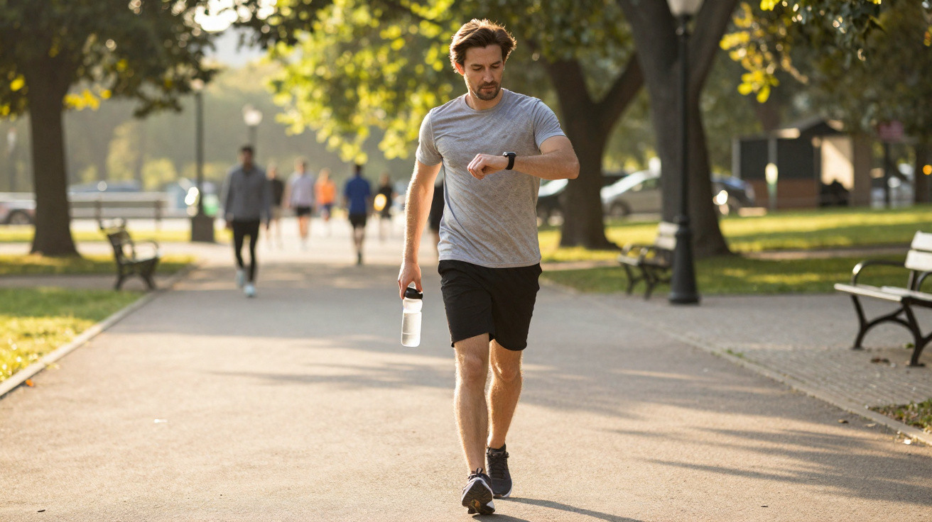 Mann joggt im Park, hält Wasserflasche und schaut auf seine Sportuhr, hinter ihm weitere Spaziergänger.