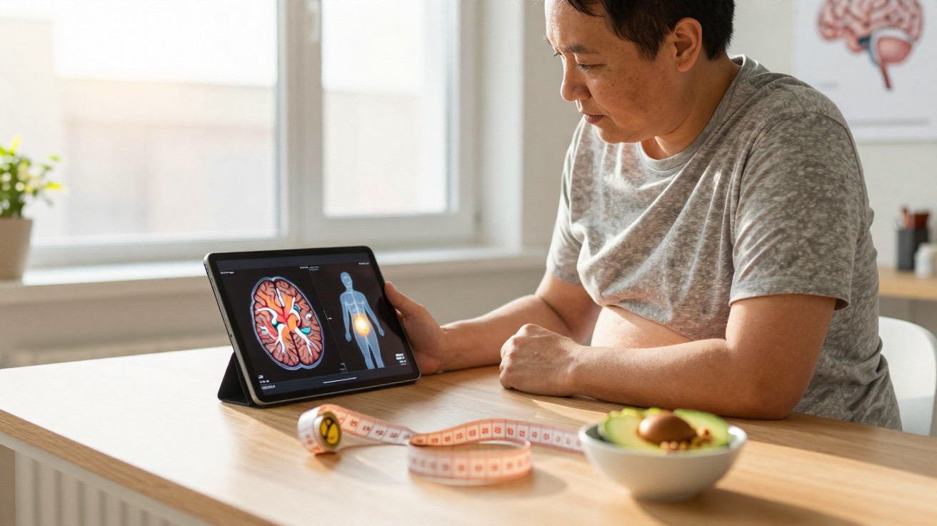 Mann betrachtet auf Tablet eine Darstellung des Gehirns und Körpers, daneben Maßband und Obstschale auf Tisch.
