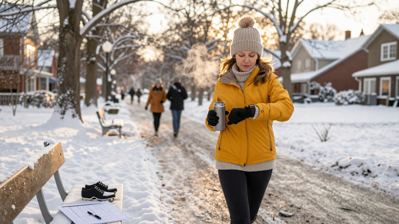 Frau in gelber Jacke und Mütze läuft im Schneewinterpark und trägt einen Thermobecher in der Hand.