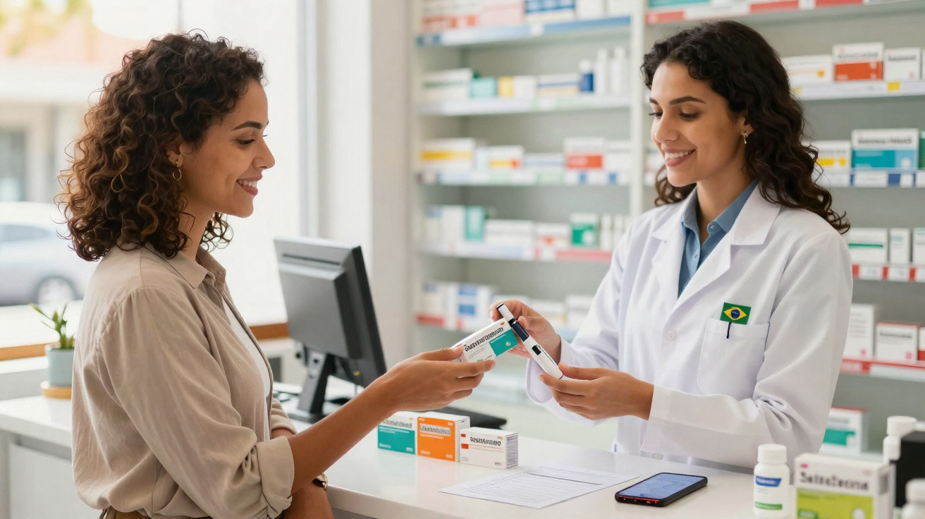 Apothekerin gibt Kundin ein Medikament an der Apotheken-Theke ab.
