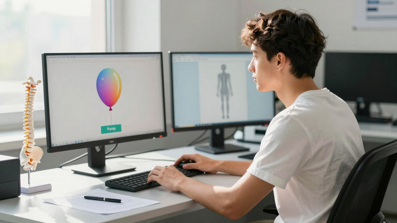 Junger Mann sitzt am Schreibtisch und arbeitet mit medizinischer Software an zwei Monitoren.