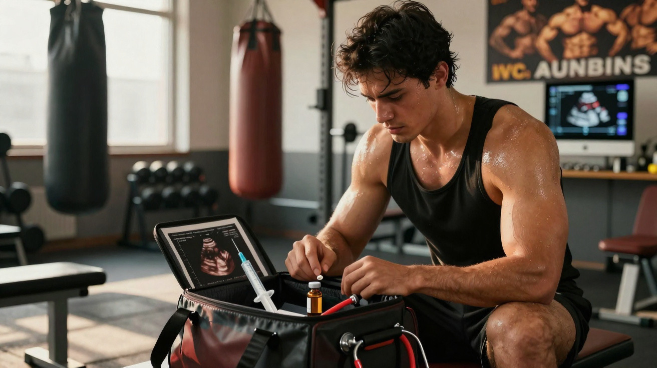 Muskelaufgebauter Mann im Fitnessstudio bereitet Spritze aus Sporttasche vor, Boxsack und Trainingsgeräte im Hintergrund.