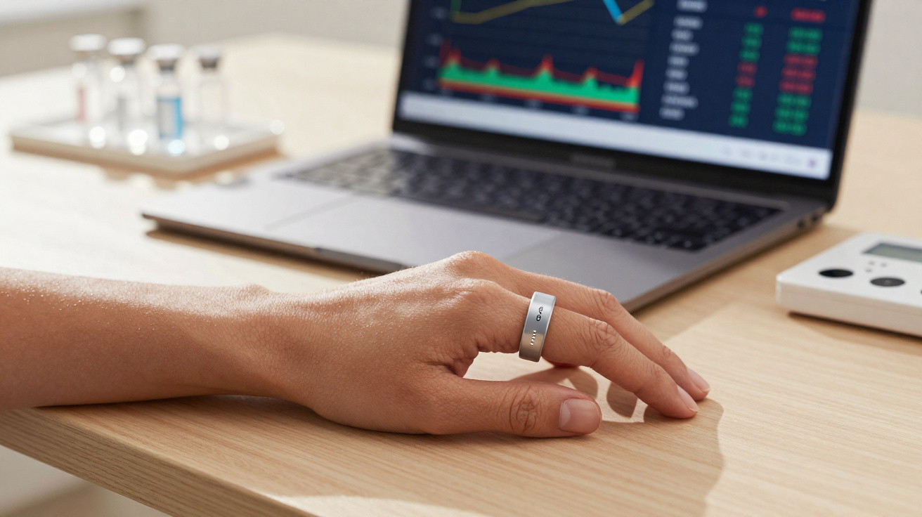 Hand mit Smart-Ring auf Holztisch vor Laptop mit Finanzdiagrammen und elektronischem Gerät.