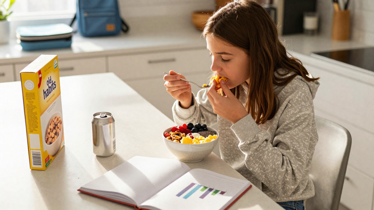 Mädchen isst Müsli mit Früchten am Küchentisch, neben ihr offenes Buch und Getränkedose.