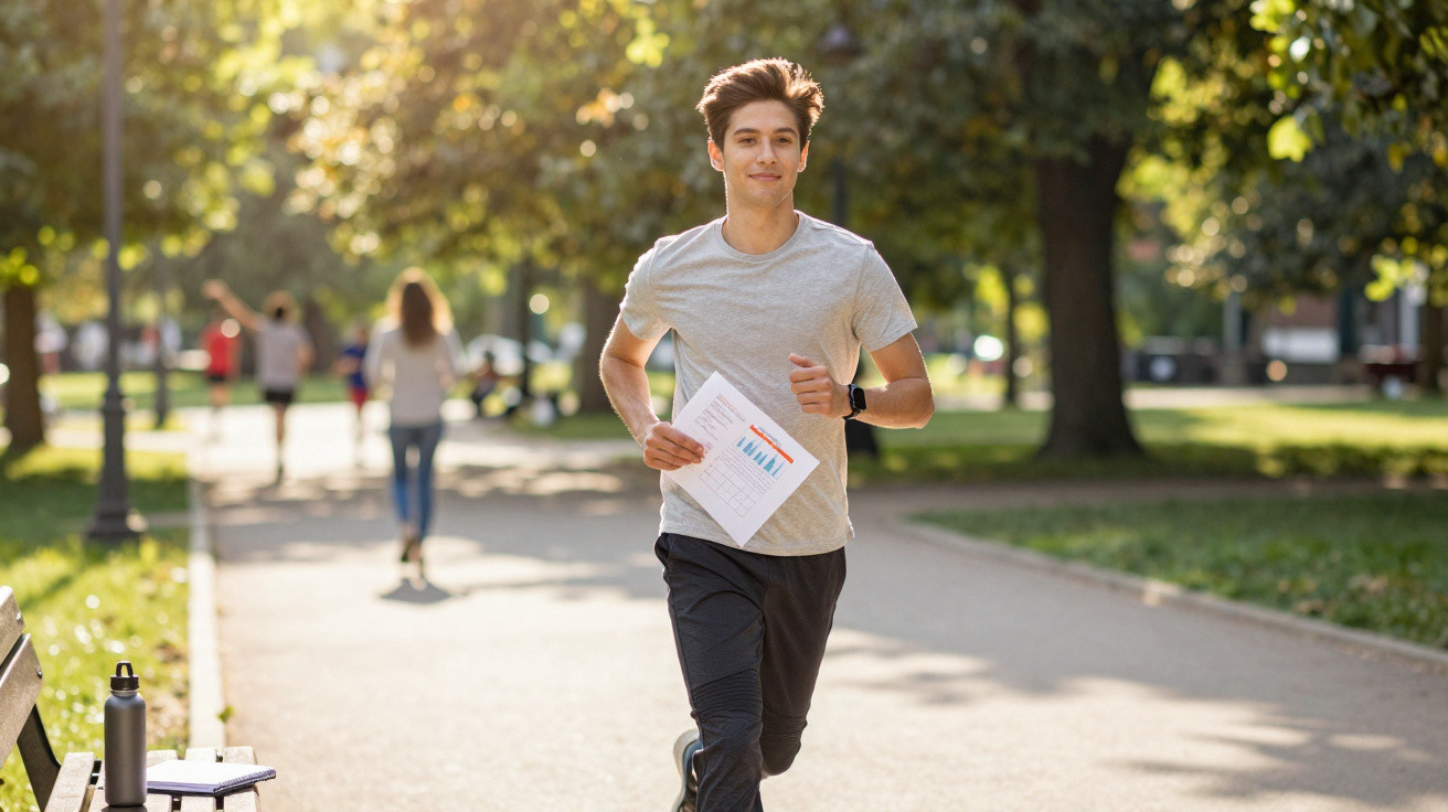 Junger Mann joggt im Park und hält gedruckte Diagramme in der Hand, sonniger Tag im Hintergrund.