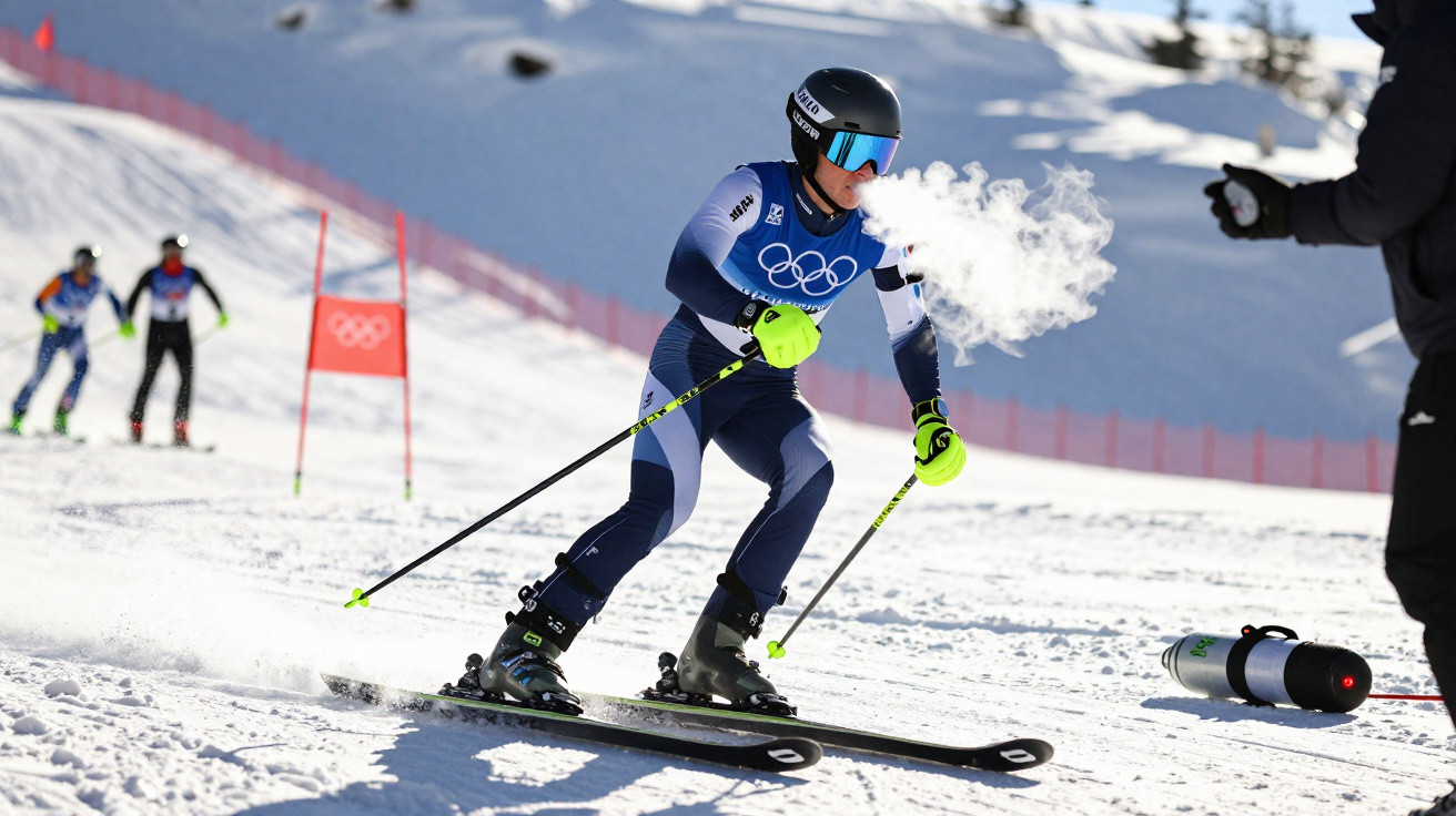 Skirennläufer bei Olympischen Spielen fährt auf Schnee, Atemwolke sichtbar, Person gibt Daumen hoch.