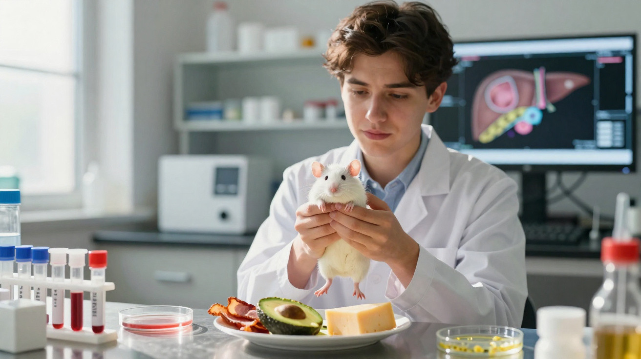 Wissenschaftler im Labor hält weiße Laborratte vor Teller mit Avocado, Käse und Speck für Ernährungsexperiment.