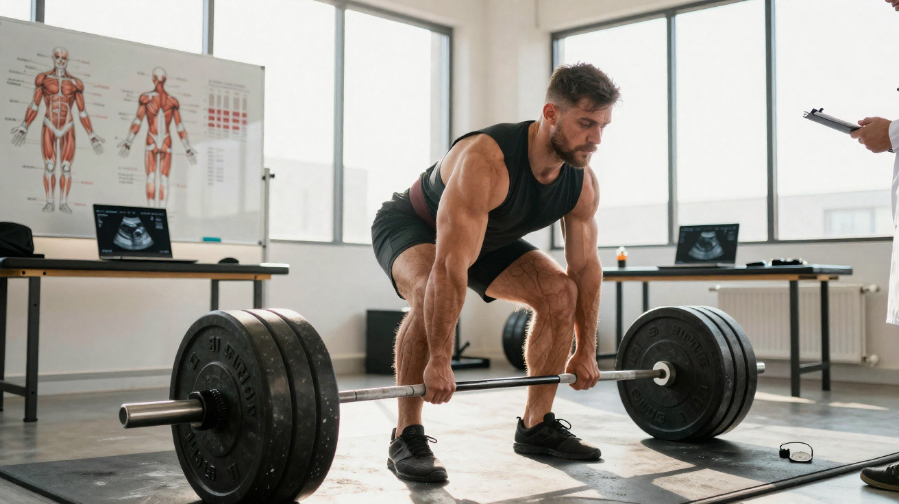 Männer beim Kreuzheben im Fitnessstudio, im Hintergrund Muskeltafeln und ein Trainer mit Klemmbrett.