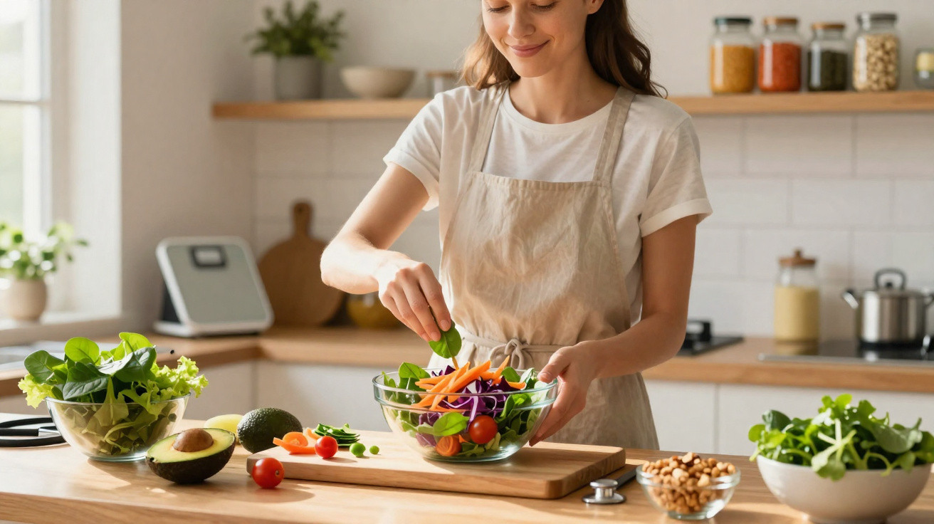 Frau bereitet frischen Salat mit Gemüse und Blattsalat in heller Küche zu.